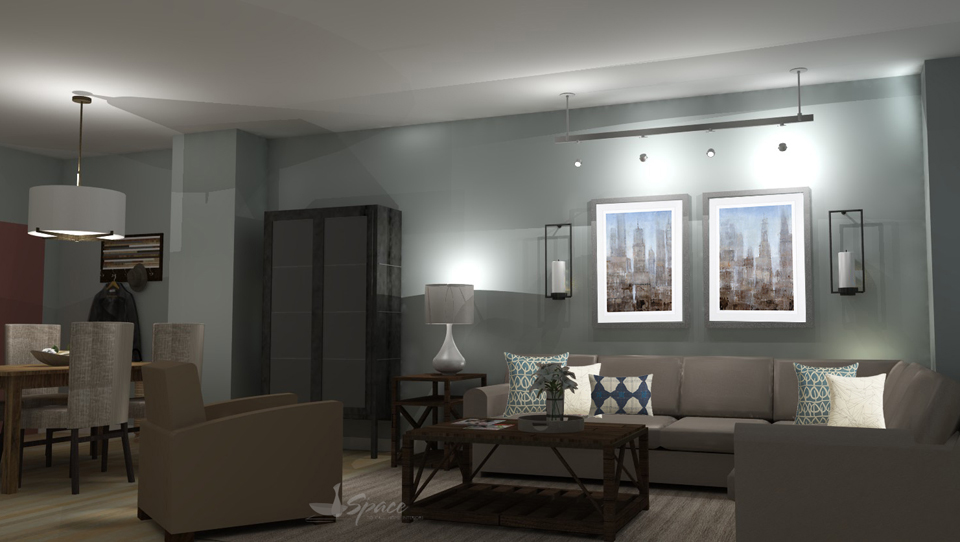 Modern Industrial Blue Living Room Design 3D Image